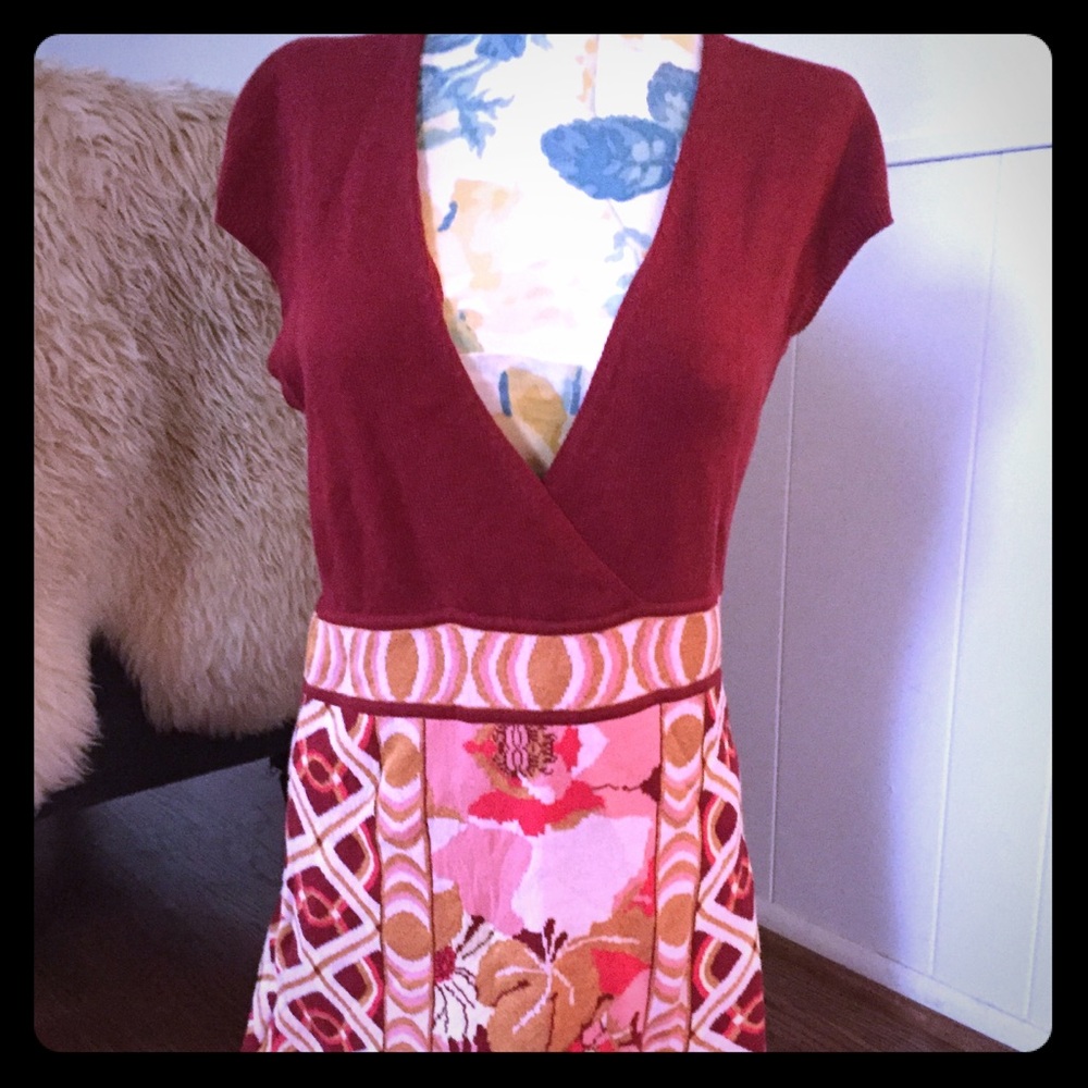 Anthropologie Burgundy Pattern Knit Wrap Dress SzS